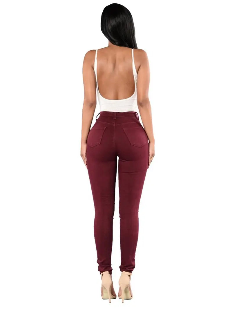 High-Rise Distressed Skinny Jeans in Burgundy & Olive Kia Day Design