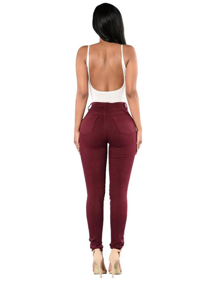 High-Rise Distressed Skinny Jeans in Burgundy & Olive Kia Day Design