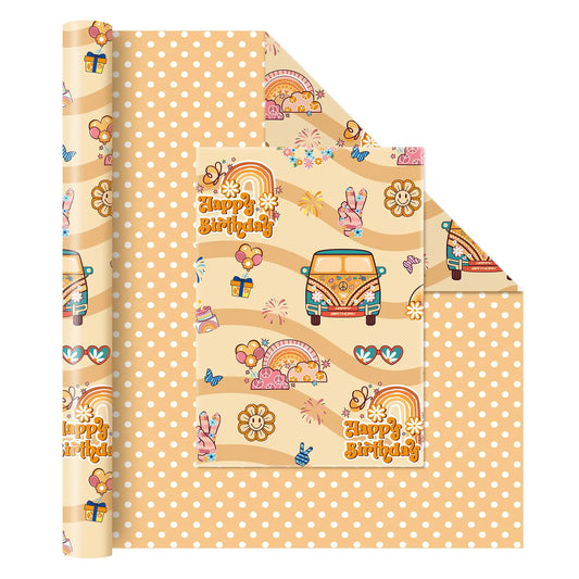 WERNNSAI Hippie Gift Wrapping Paper for Kids - 1 Roll 17” x 33 ft Boho Wrapping Paper Brown Happy Birthday Wrapping Paper Hippie Decor Funny Holiday Gift Wrap Supply Dot Design Reversible Kia Day Design