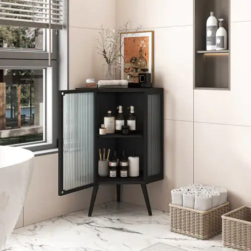 Floor Corner Cabinet with Tempered Glass Door and Storage Shelves - Kia Day Design