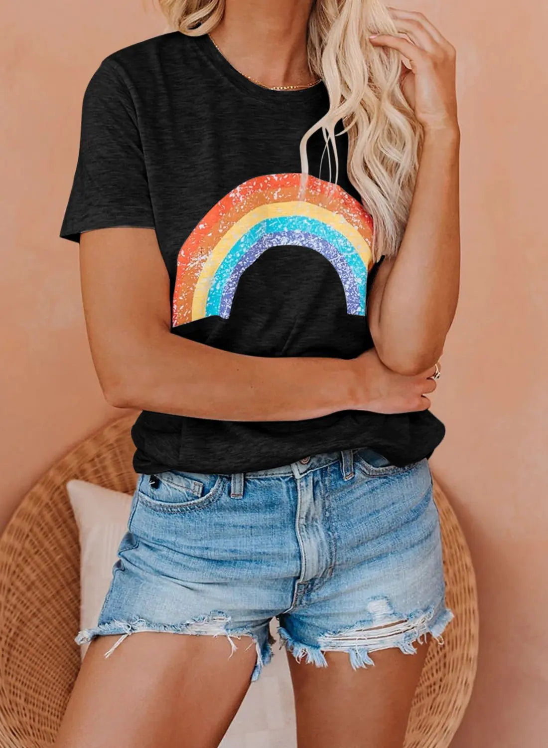Summer Slim Fit Rainbow Pattern Women's Top - Black L - shirt