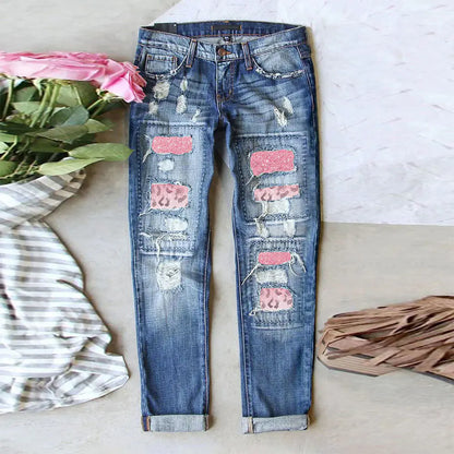 Women's Ripped Jeans with Printed Patch Casual Style Kia Day Design