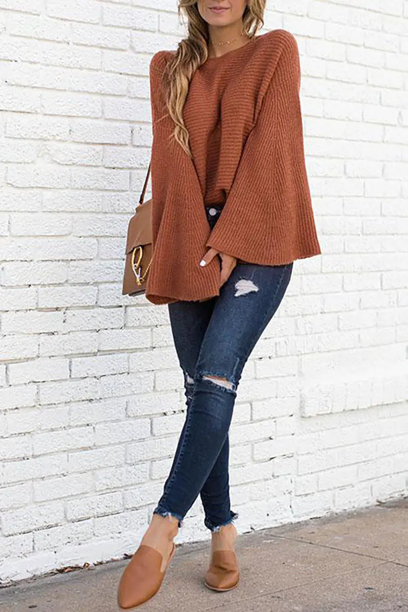 Loose Fit Batwing Sweater with Flared Sleeves - Caramel colour 2XL - sweater