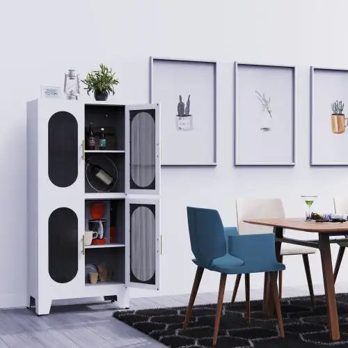 White Metal Storage Cabinet with Doors and Shelves with Lock 3 Adjustable Shelves - Kia Day Design