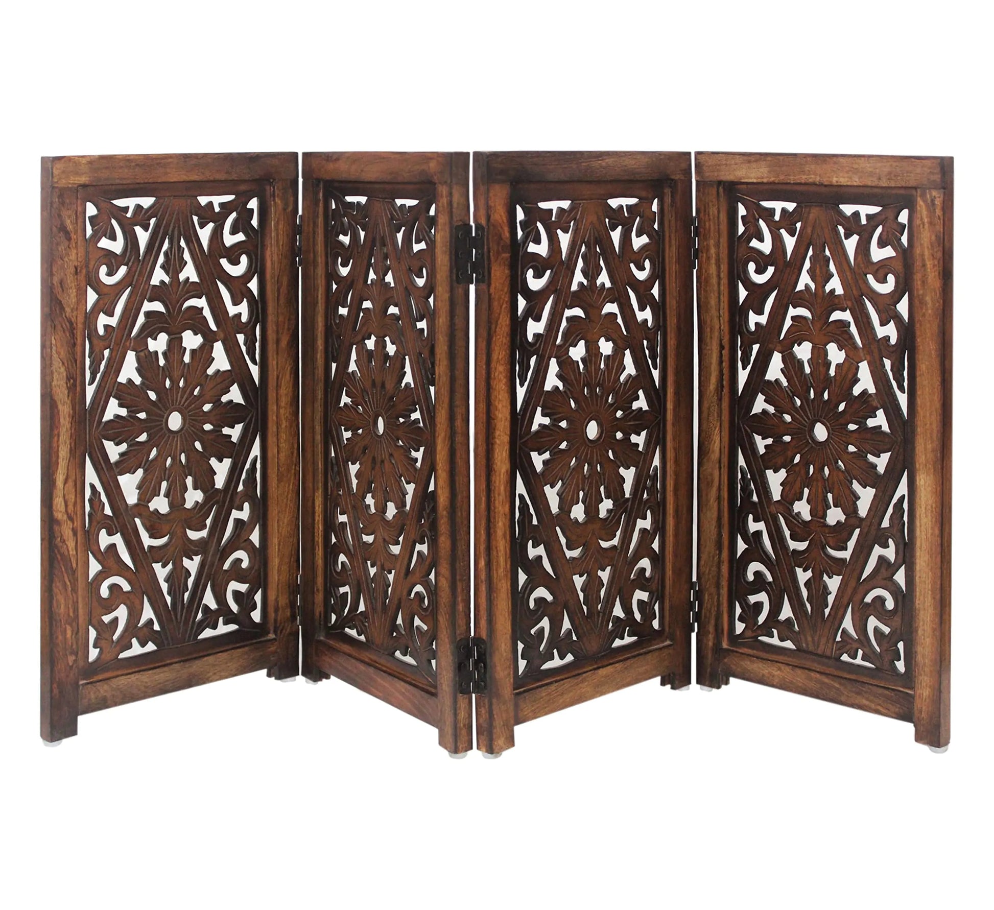 Hand Carved Solid Wood 4 Panel Wood Foldable Dog Safety Gate - Kia Day Design