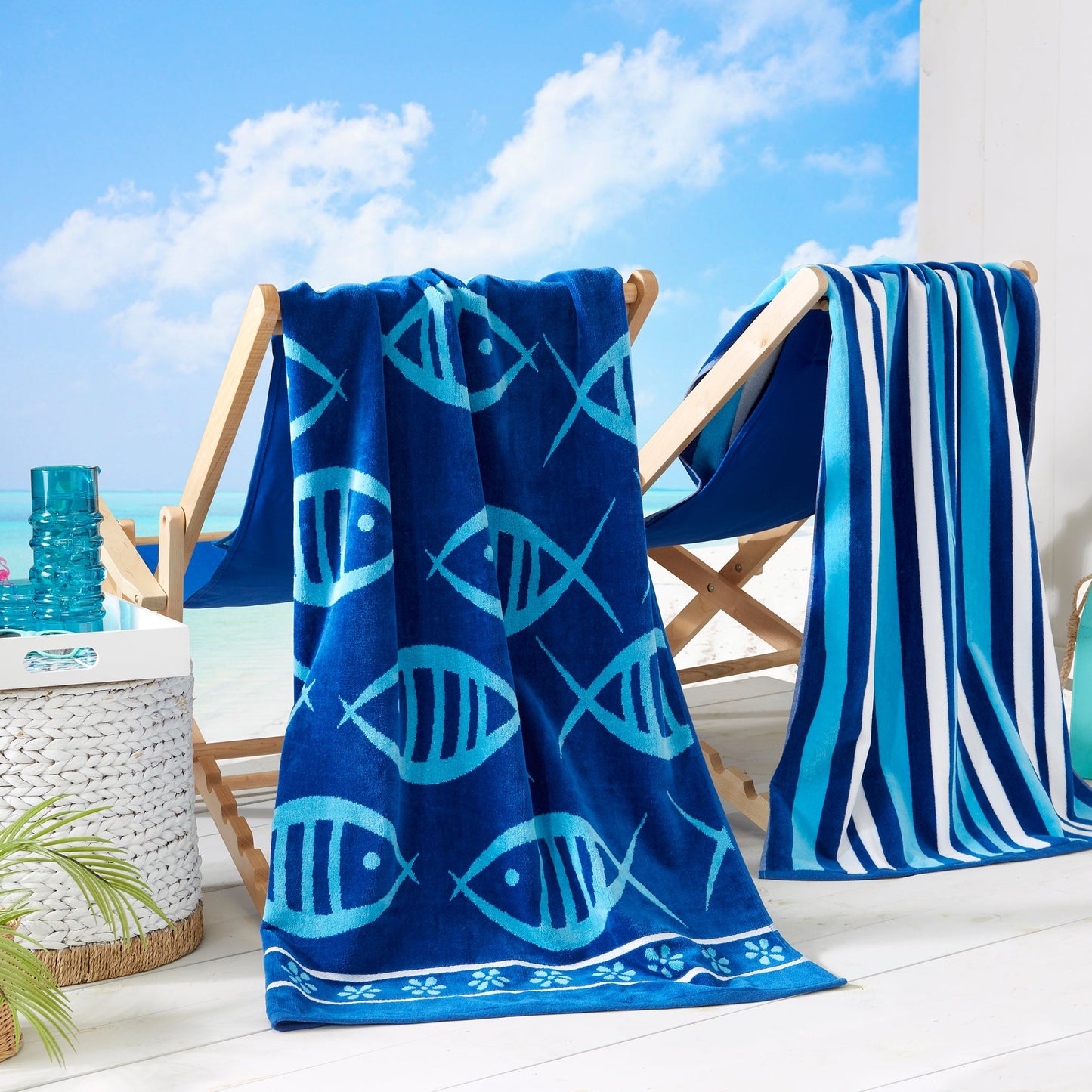 Cotton Velour Beach Towel - Maui Collection - 2 Pack- 30" x 60" Navy Royal Blue Fish & Stripe - Beach Towels