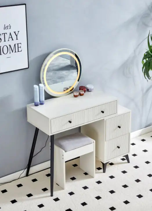 Fluted Makeup Vanity Desk With Round LED Mirror And Lights - - vanity