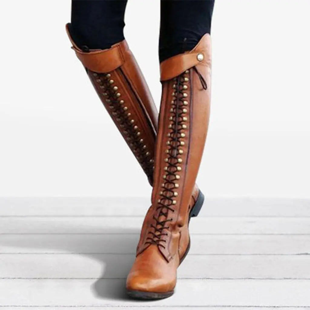 Knee-High Studded Lace-Up Chunky Heeled Boots - Brown 37 - heeled boots