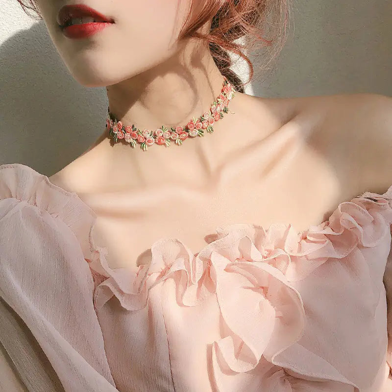 Pink Floral Choker Necklace