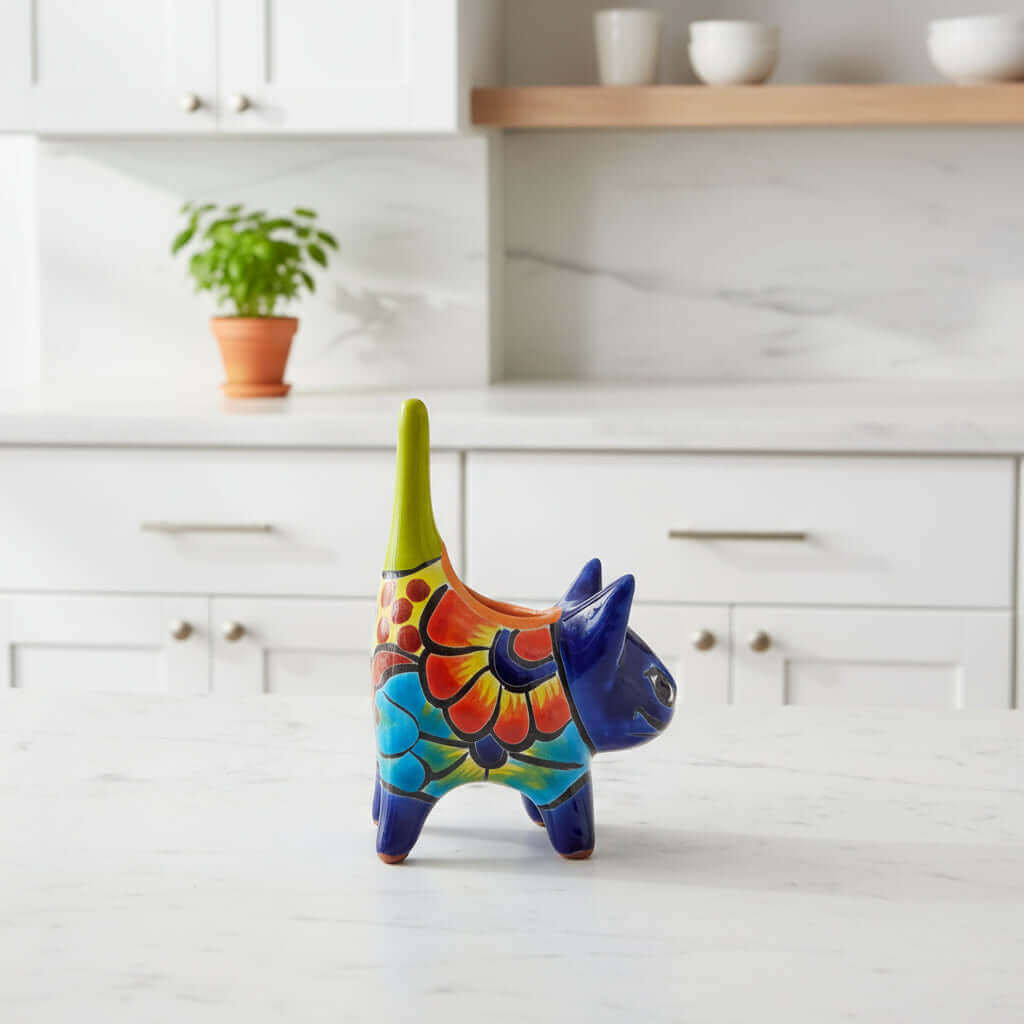 Vibrant Talavera Cat Planter Handmade Mexican Pottery - - Talavera Planter