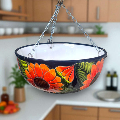 Vibrant Talavera Sunflower Hanging Planter Artisan Pot - - Talavera Flower Pot