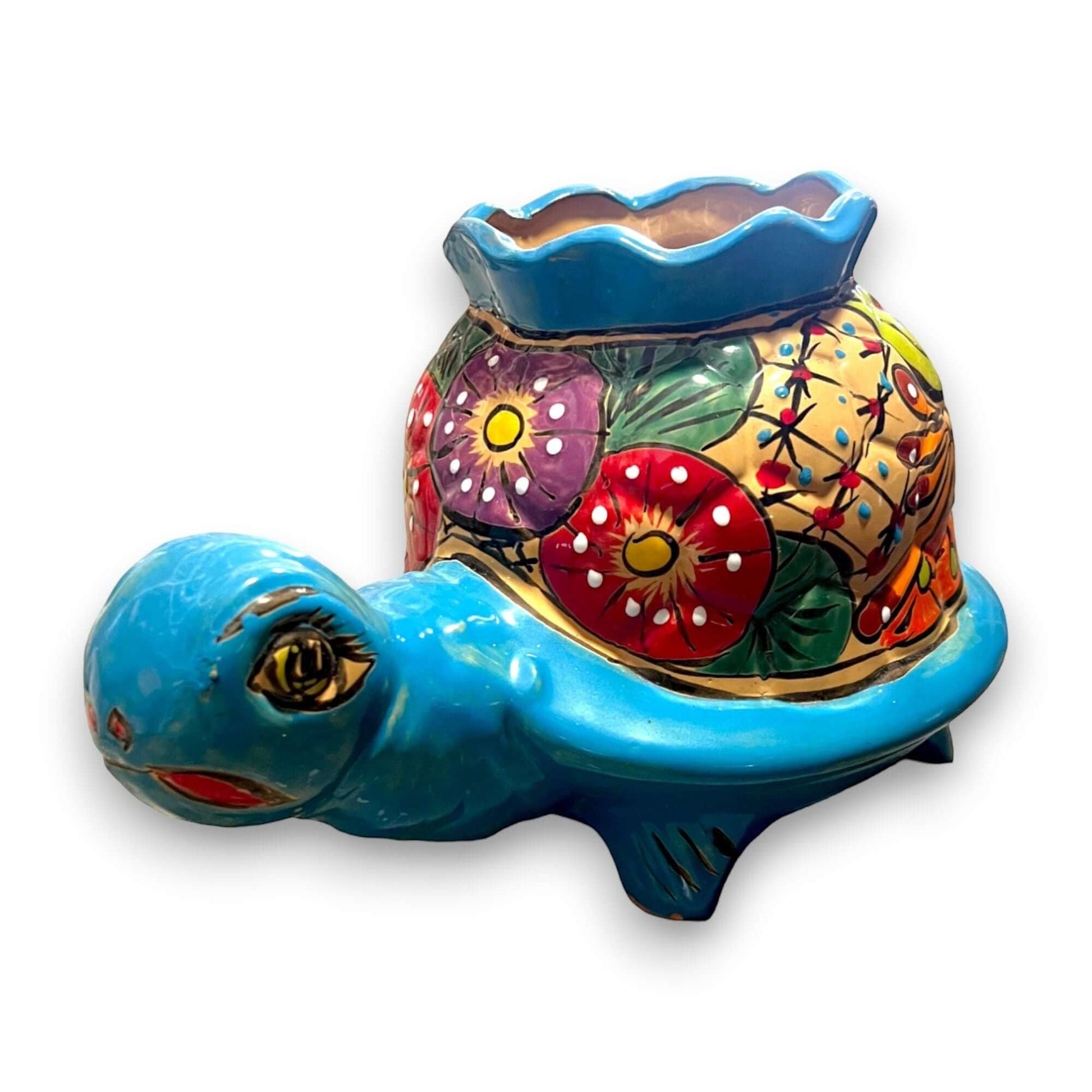 Vibrant Talavera Turtle Planter Mexican Pottery - - Talavera Planter