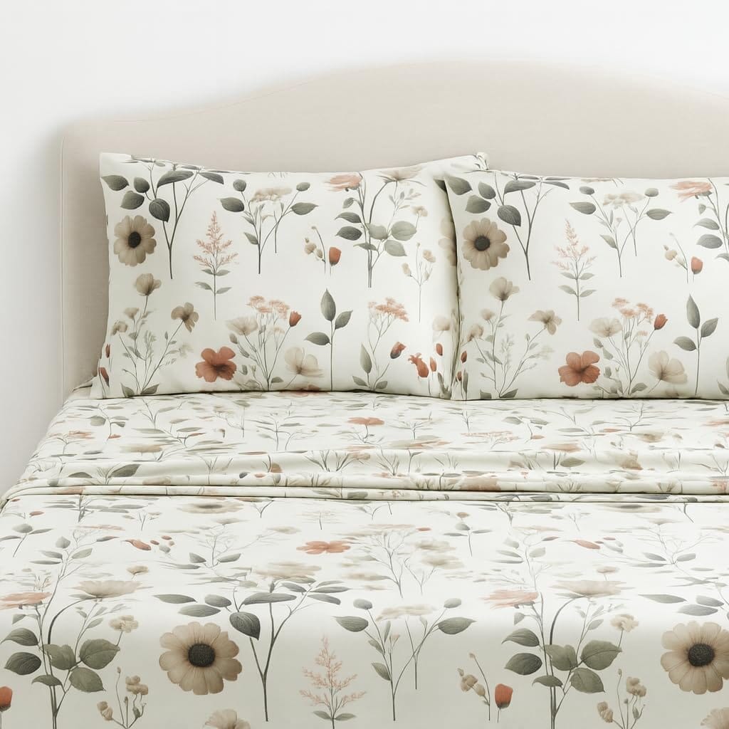 DaDalogy Enchanted Meadow Bed Sheet Set - Floral Harmony in Beige, Rose, and Soft Green, Premium Soft Microfiber, Machine Washable, Deep Pocket 14 - 15 Inches + Flat Sheet- DaDalogy Bedding Collection- {{Product type}}