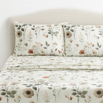 DaDalogy Enchanted Meadow Bed Sheet Set - Floral Harmony in Beige, Rose, and Soft Green, Premium Soft Microfiber, Machine Washable, Deep Pocket 14 - 15 Inches + Flat Sheet- DaDalogy Bedding Collection- {{Product type}}