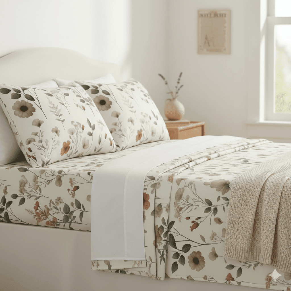 DaDalogy Enchanted Meadow Bed Sheet Set - Floral Harmony in Beige, Rose, and Soft Green, Premium Soft Microfiber, Machine Washable, Deep Pocket 14 - 15 Inches + Flat Sheet- DaDalogy Bedding Collection- {{Product type}}