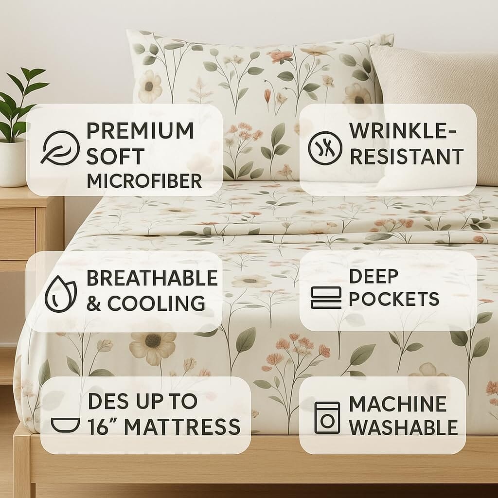 DaDalogy Enchanted Meadow Bed Sheet Set - Floral Harmony in Beige, Rose, and Soft Green, Premium Soft Microfiber, Machine Washable, Deep Pocket 14 - 15 Inches + Flat Sheet- DaDalogy Bedding Collection- {{Product type}}
