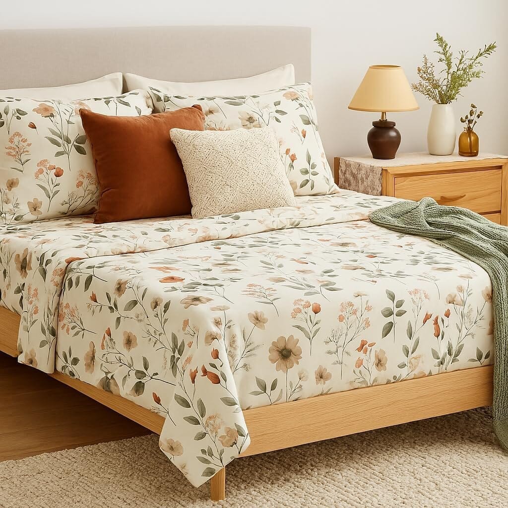 DaDalogy Enchanted Meadow Bed Sheet Set - Floral Harmony in Beige, Rose, and Soft Green, Premium Soft Microfiber, Machine Washable, Deep Pocket 14 - 15 Inches + Flat Sheet- DaDalogy Bedding Collection- {{Product type}}