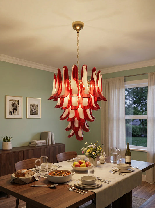 Vintage Red Murano Petals Chandelier - Dia 25.6″(65cm) x H 25.6″(65cm) Nickel+Red+White - Chandelier