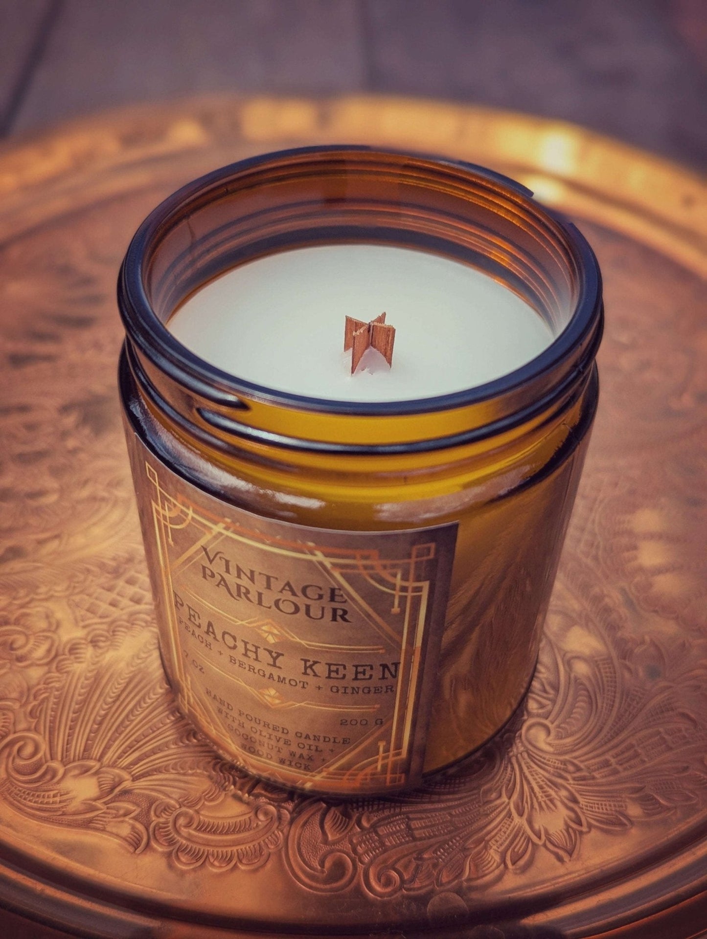 Vintage Wooden Wick Candle – Art Deco 1920s Inspired Scented Candle Gift - Peachy Keen - Candle