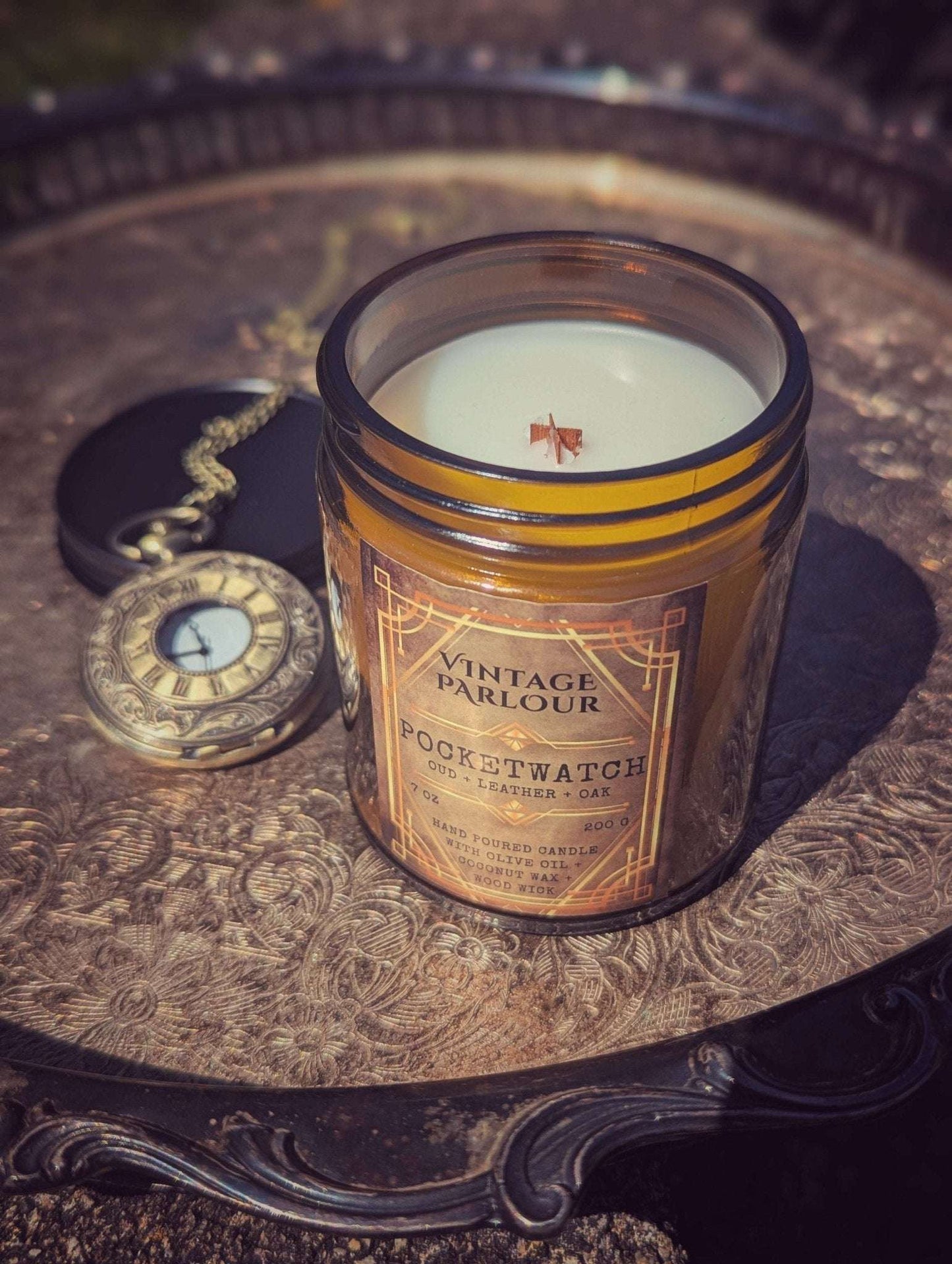 Vintage Wooden Wick Candle – Art Deco 1920s Inspired Scented Candle Gift - Pocketwatch - Candle