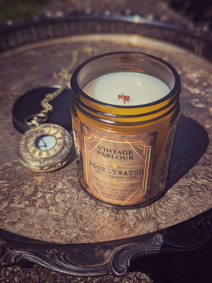 Vintage Wooden Wick Candle – Art Deco 1920s Inspired Scented Candle Gift - Pocketwatch - Candle