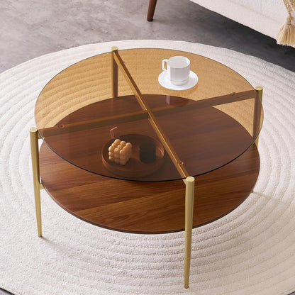 LumFurn Amber Glass Mid-Century Modern Round Coffee Table - Amber & Walnut Round - Table