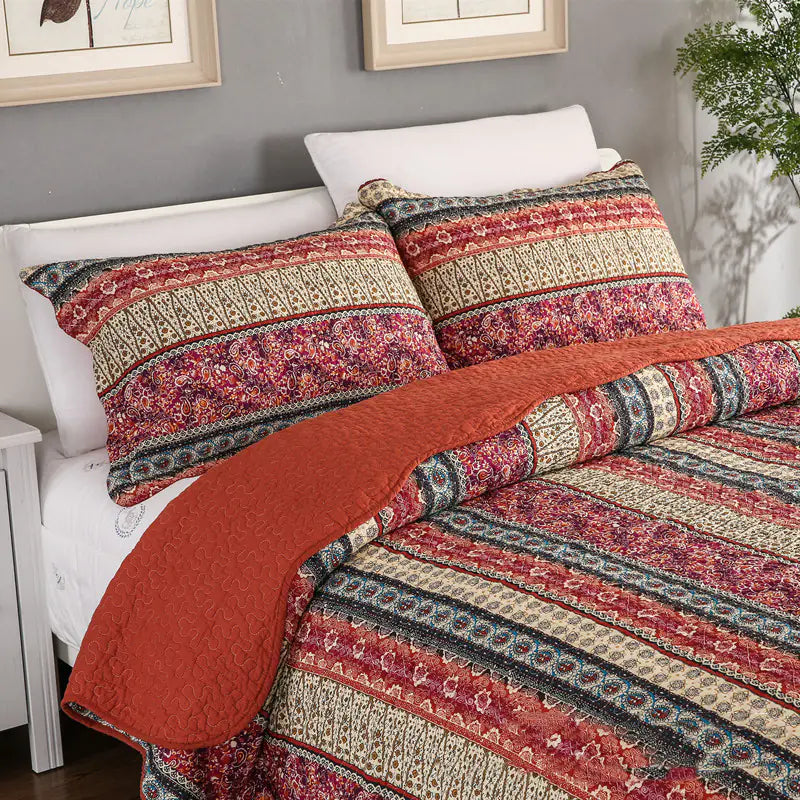Red Cotton Linen Quilt Set with Bed Cover 3 Pc - Kia Day Design