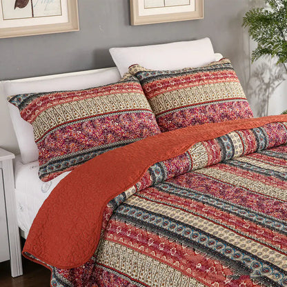 Red Cotton Linen Quilt Set with Bed Cover 3 Pc - Kia Day Design
