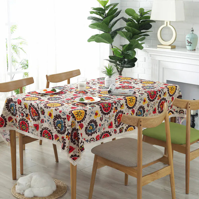 Sunflower Cotton Linen Tablecloth with Vintage Lace - Kia Day Design