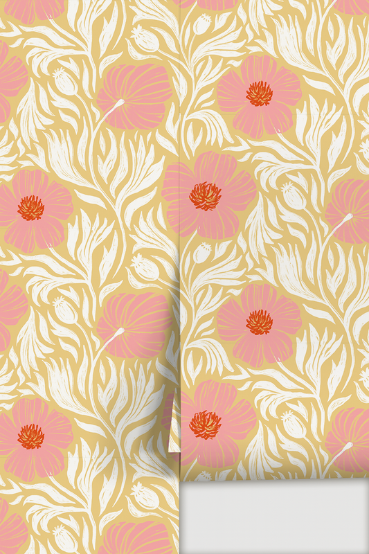 Matilija Wallpaper Butter Yellow, Pink and White - LUXE Peel & Stick - Wallpaper