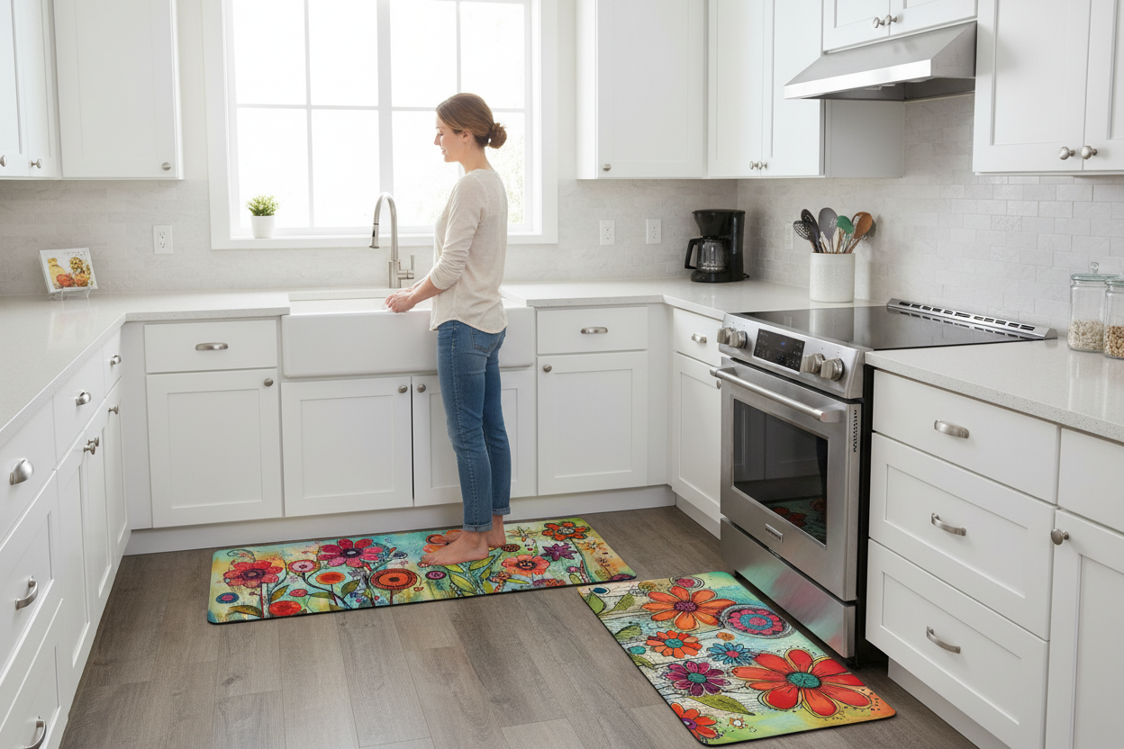 Set of 2 Waterproof Flowers Anti Fatigue Kitchen Floor Mats - - mat