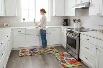 Set of 2 Waterproof Flowers Anti Fatigue Kitchen Floor Mats - - mat