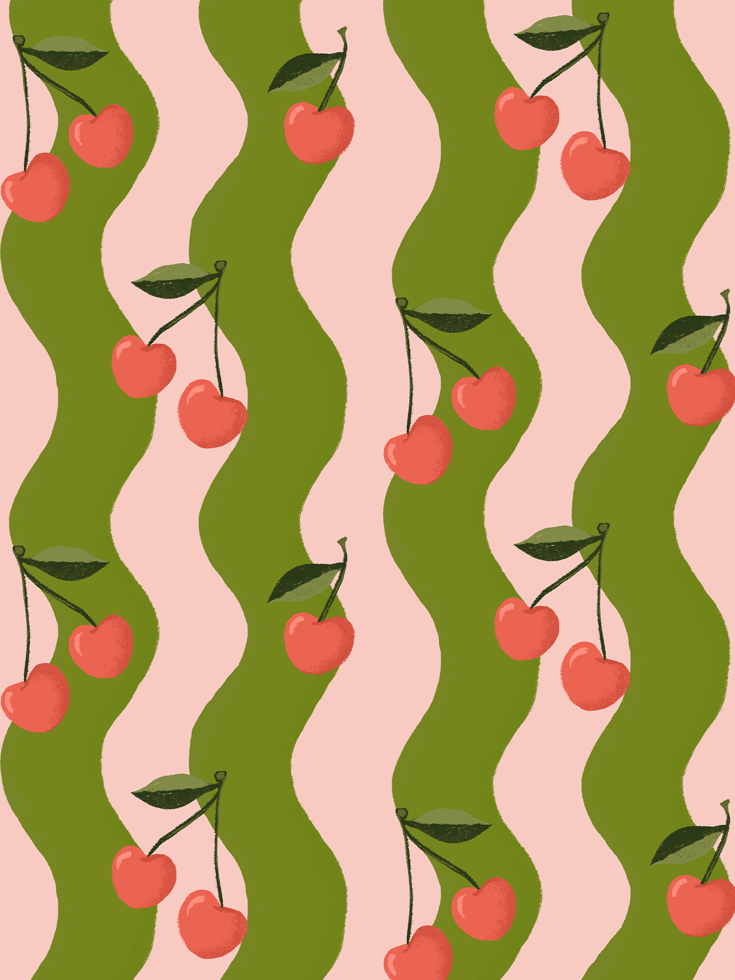 Wavy Cherry Wallpaper, pink and green- Samantha Santana Creative- {{Product type}}