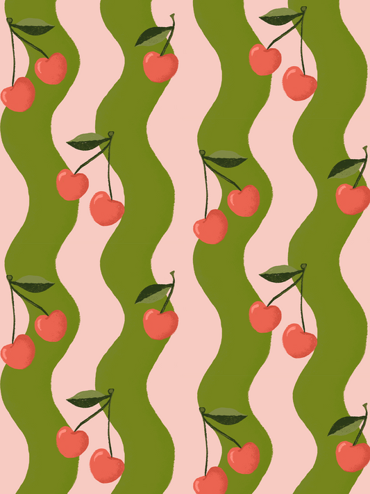 Wavy Cherry Wallpaper, pink and green - LUXE Peel & Stick - Wallpaper