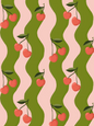 Wavy Cherry Wallpaper, pink and green- Samantha Santana Creative- {{Product type}}