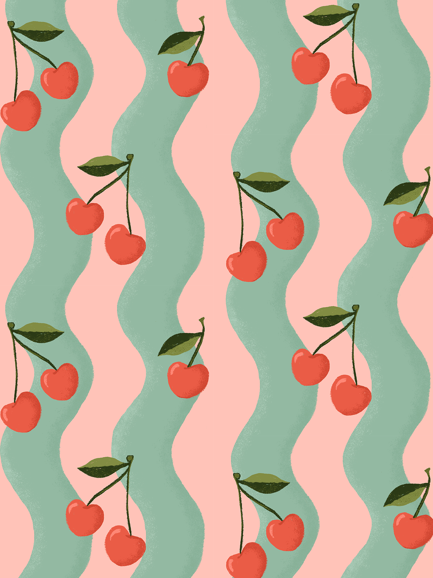Wavy Cherry Wallpaper, pink and teal- Samantha Santana Creative- {{Product type}}