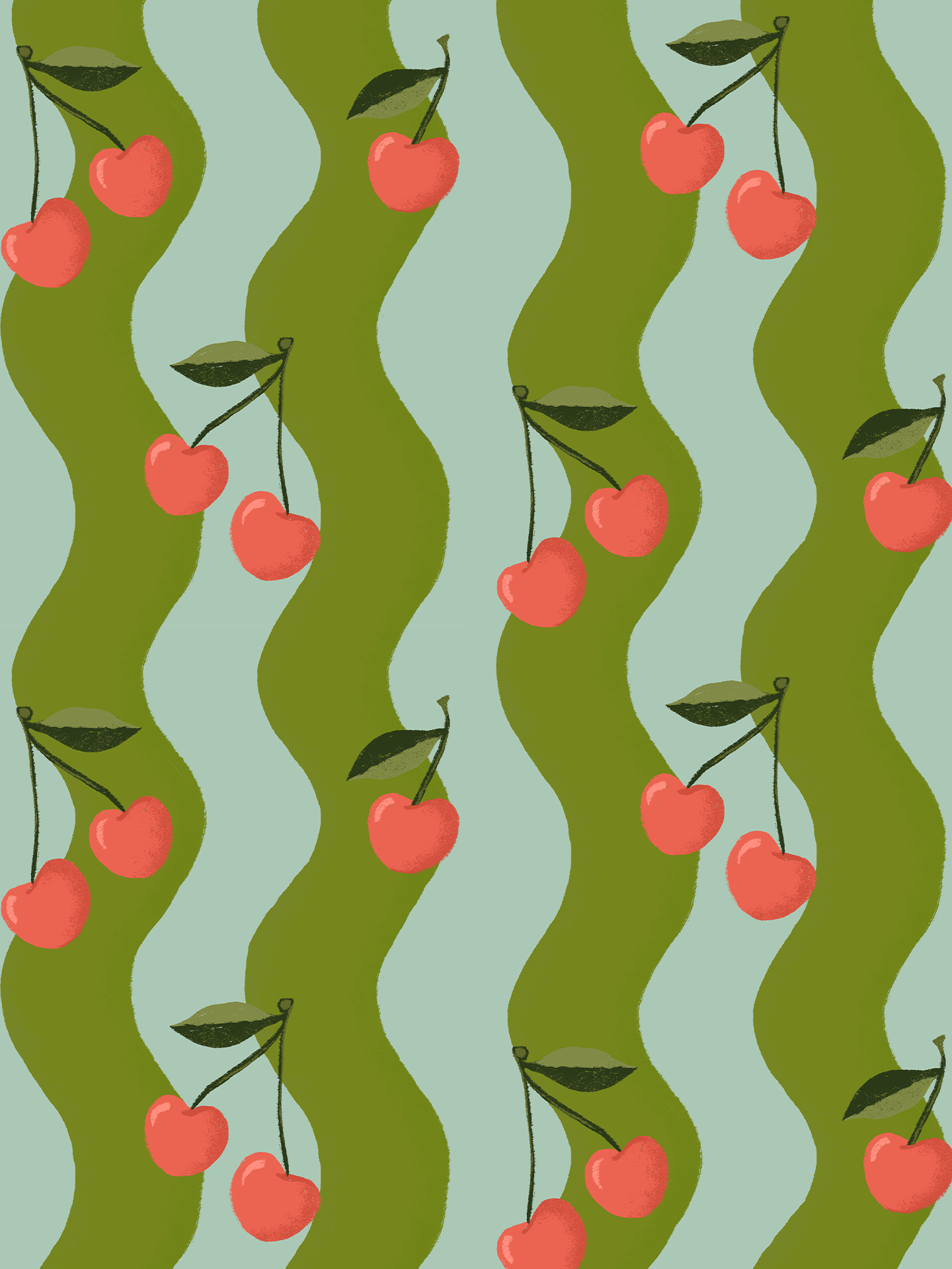 Wavy Cherry Wallpaper, teal and green- Samantha Santana Creative- {{Product type}}