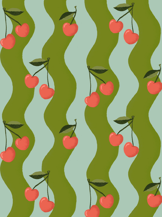 Wavy Cherry Wallpaper, teal and green - LUXE Peel & Stick - Wallpaper