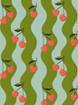 Wavy Cherry Wallpaper, teal and green- Samantha Santana Creative- {{Product type}}