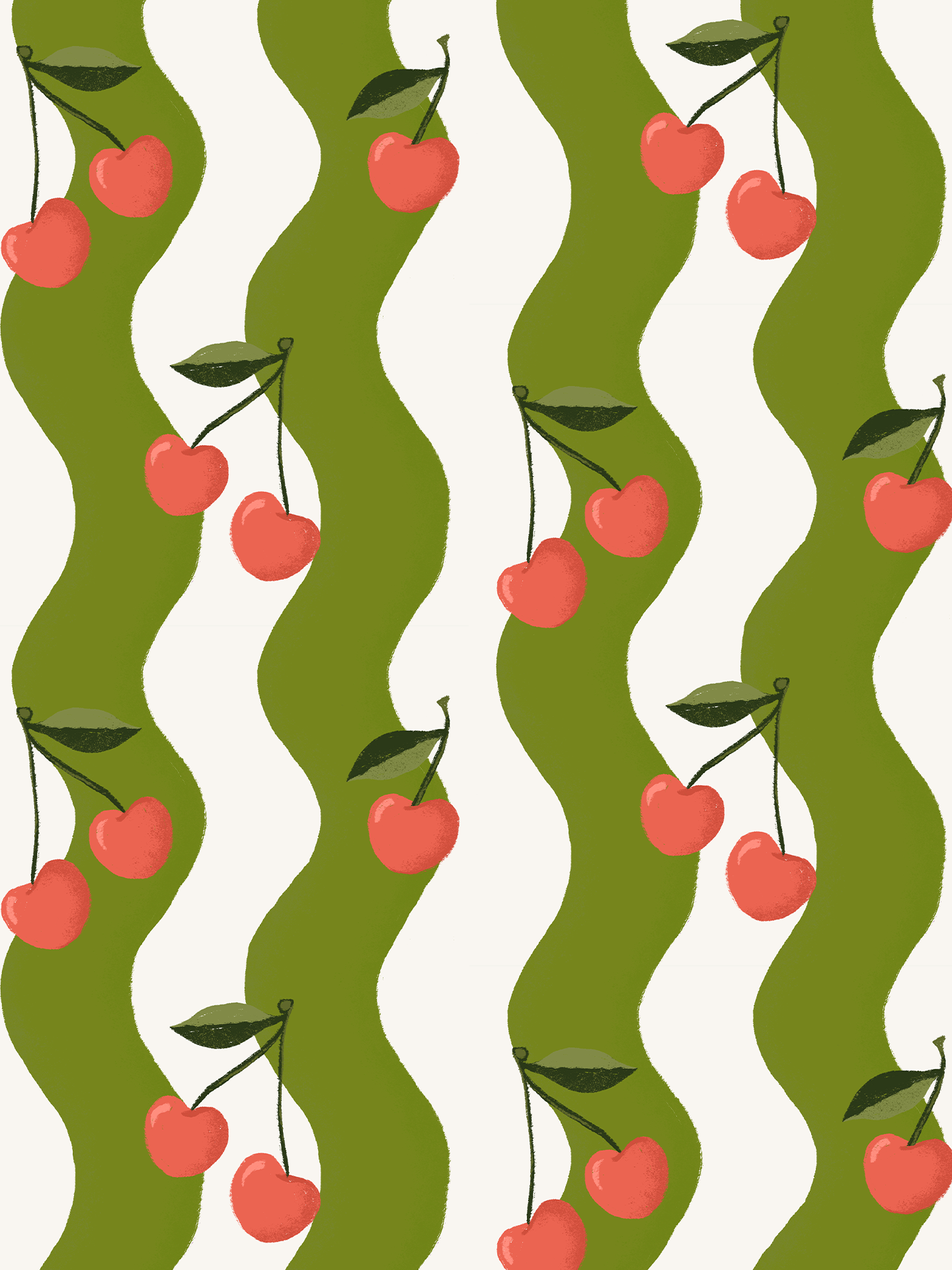 Wavy Cherry Wallpaper, white and green- Samantha Santana Creative- {{Product type}}