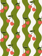 Wavy Cherry Wallpaper, white and green- Samantha Santana Creative- {{Product type}}