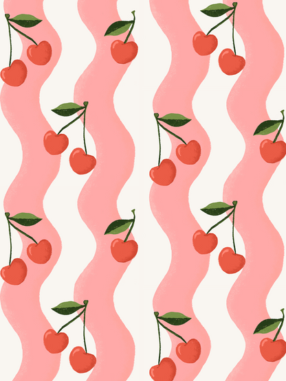 Wavy Cherry Wallpaper, white and pink- Samantha Santana Creative- {{Product type}}