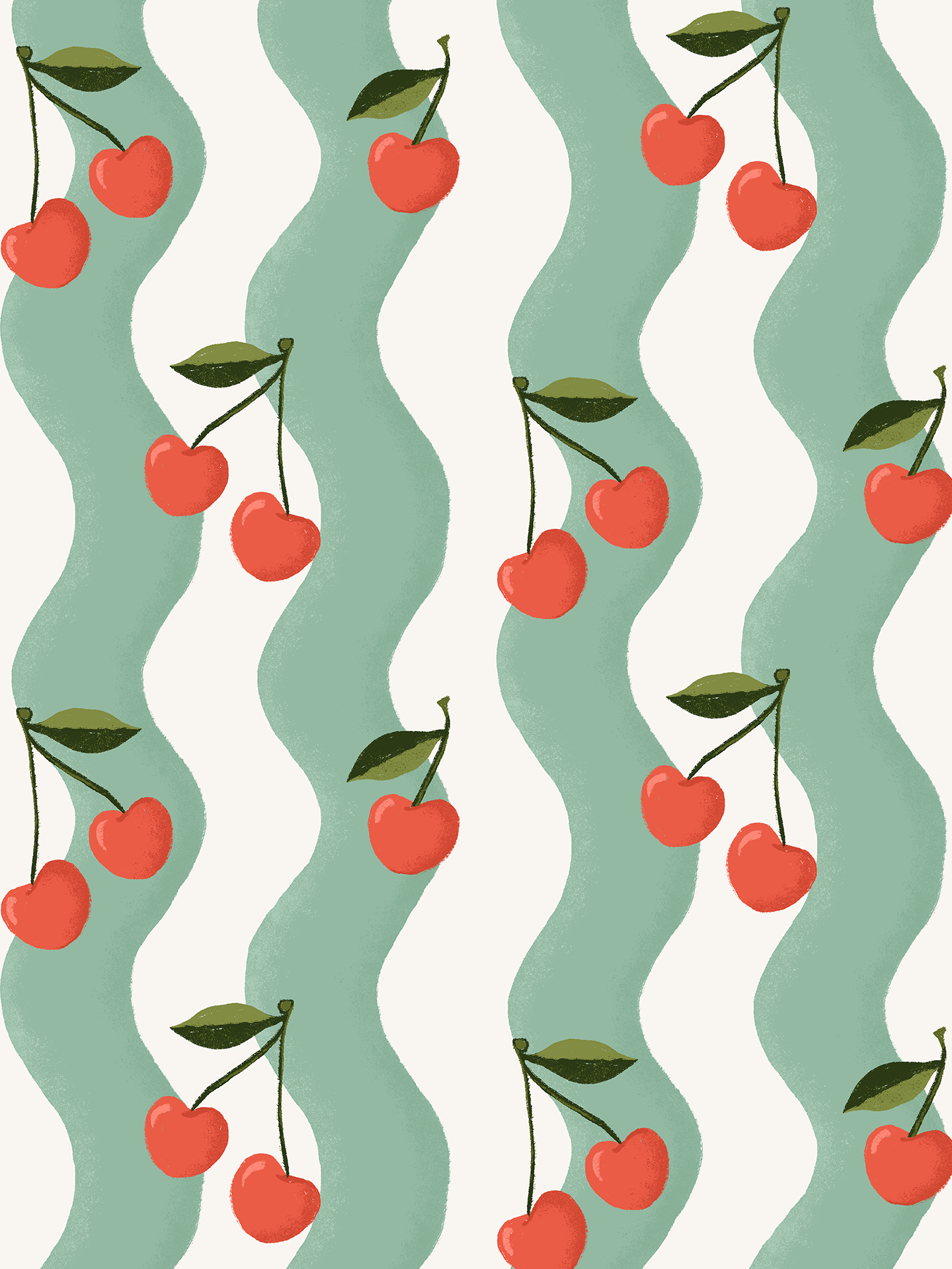 Wavy Cherry Wallpaper, white and teal- Samantha Santana Creative- {{Product type}}