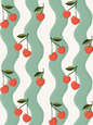 Wavy Cherry Wallpaper, white and teal- Samantha Santana Creative- {{Product type}}