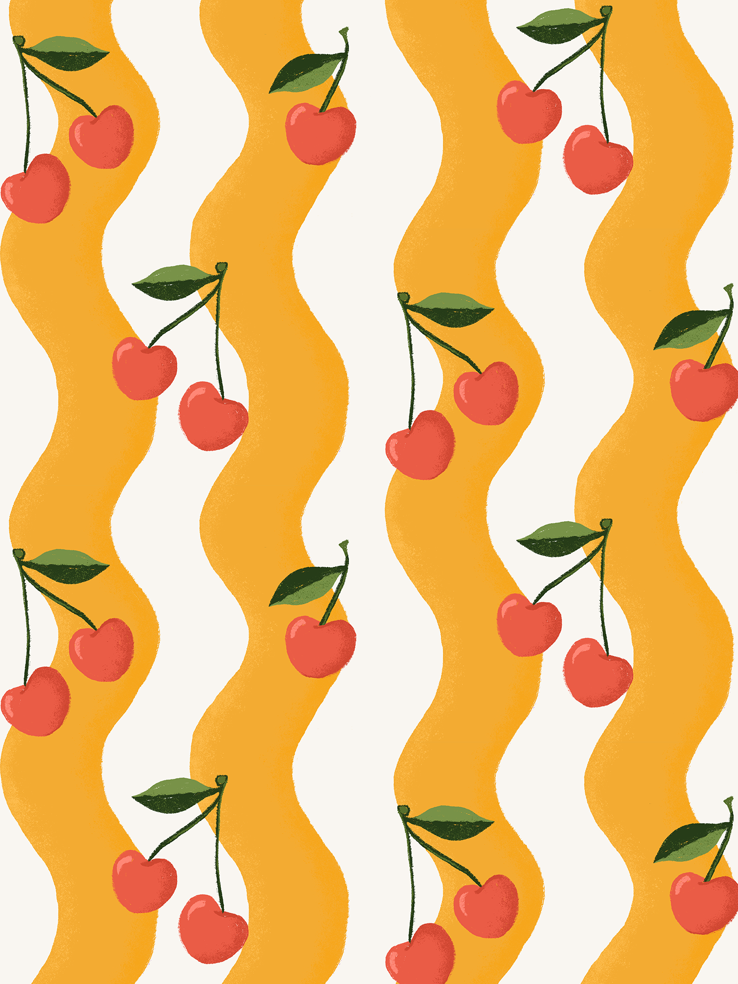 Wavy Cherry Wallpaper, white and yellow- Samantha Santana Creative- {{Product type}}