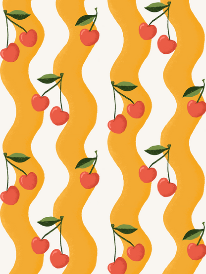 Wavy Cherry Wallpaper, white and yellow- Samantha Santana Creative- {{Product type}}