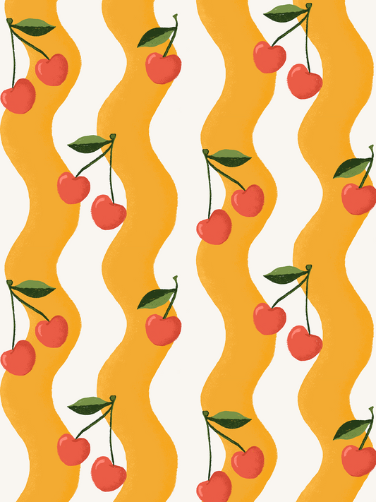 Wavy Cherry Wallpaper, white and yellow - LUXE Peel & Stick - Wallpaper