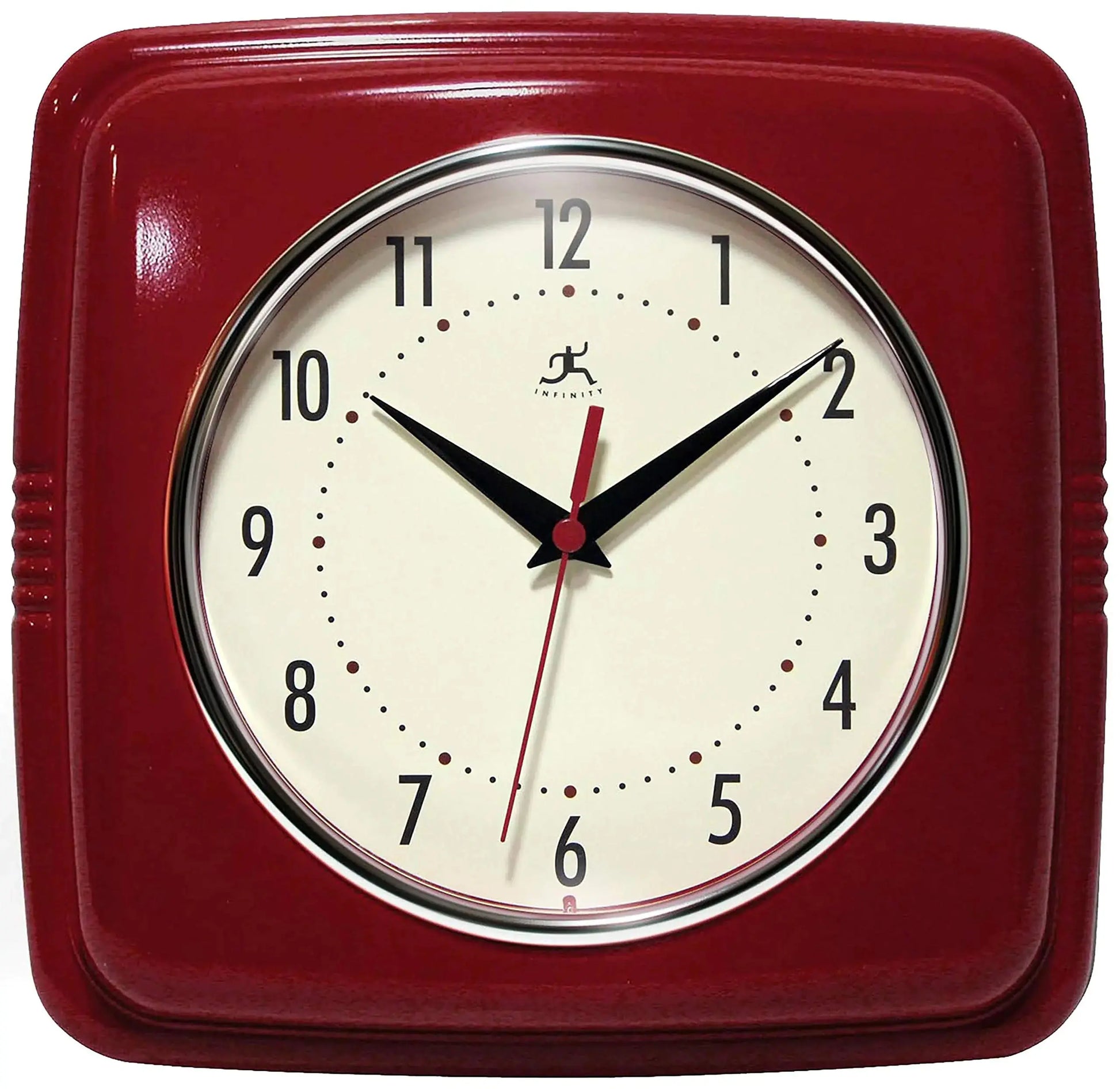 Infinity Instruments Square Silent Retro 9 inch Mid Century Modern Kitchen Diner Retro Wall Clock Quartz Sweep Movement (Red) Kia Day Design