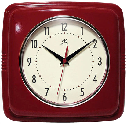 Infinity Instruments Square Silent Retro 9 inch Mid Century Modern Kitchen Diner Retro Wall Clock Quartz Sweep Movement (Red) Kia Day Design