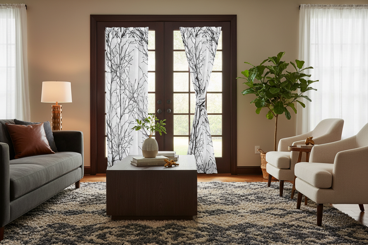 White Black Branch Sheer Sidelight Front Door Curtain Set - - curtains